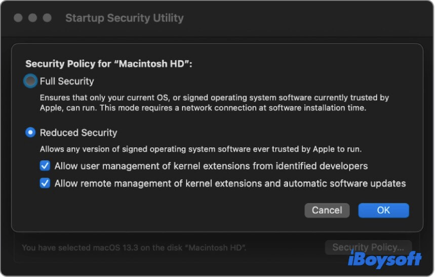 réinitialiser les paramètres de sécurité de démarrage du Mac Apple silicon